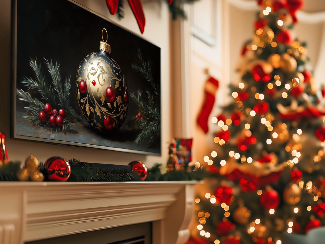 Gold and Black Christmas Ornament Red Baubles Pine Branches Poster - Image 5