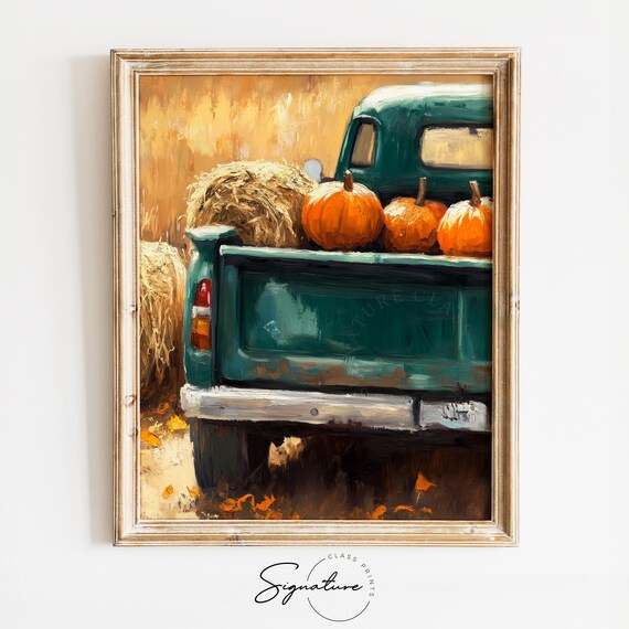 Vintage Green Truck With Pumpkins And Hay Rustic Fall Scene Poster