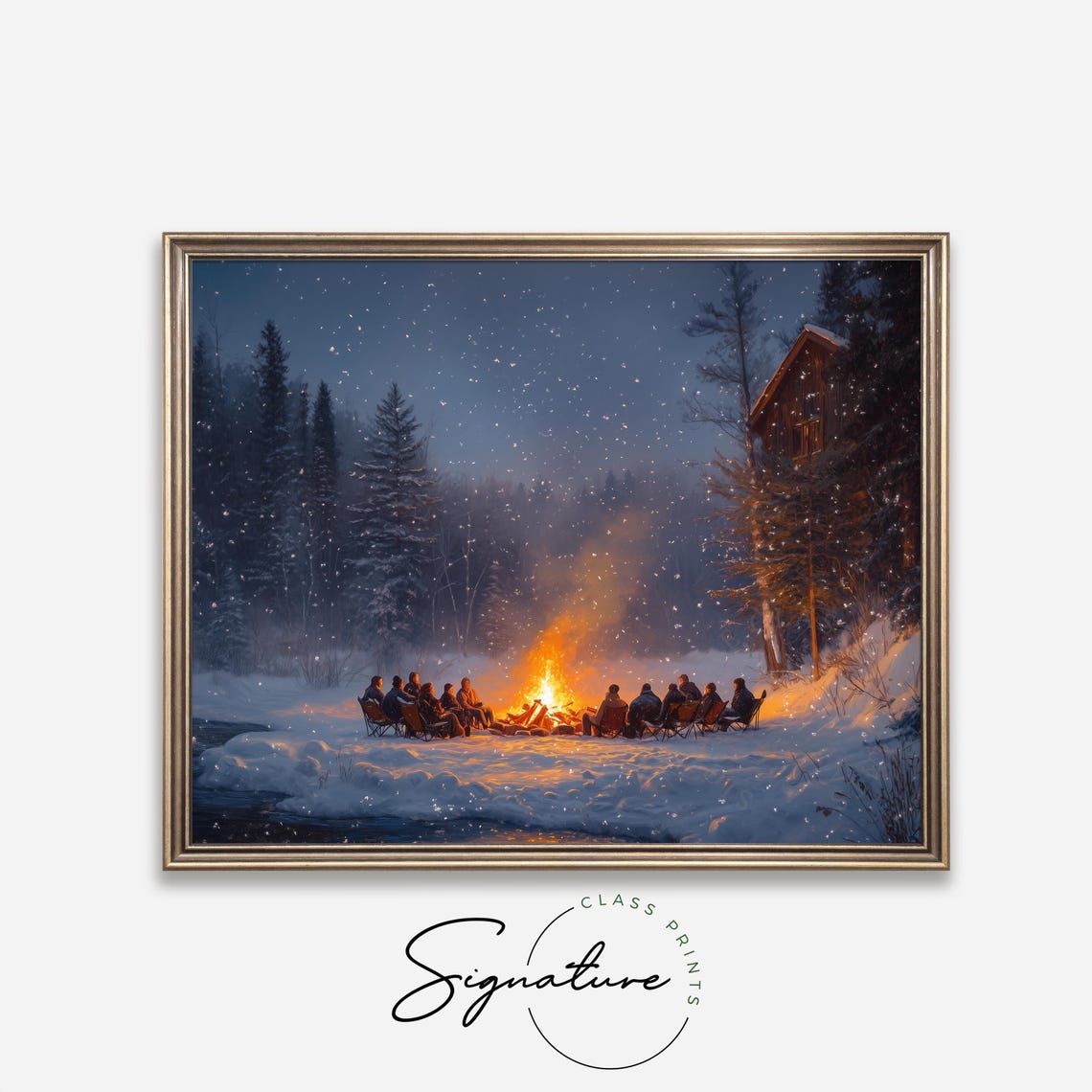 Friends Gathered Around Bonfire in Snowy Night Forest Cozy Art Poster - Image 4