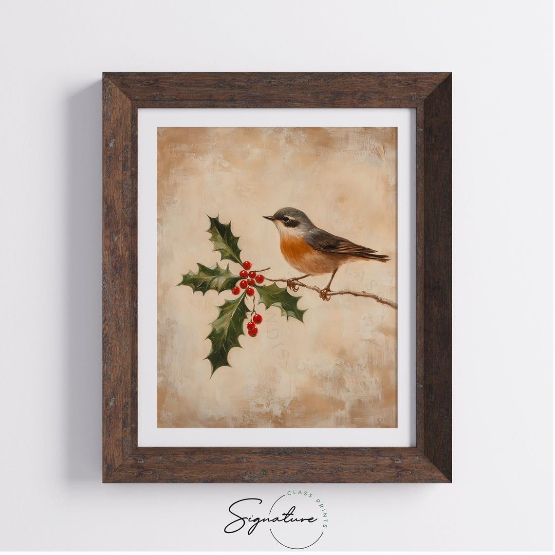 Robin On Holly Branch With Red Berries Vintage Christmas Bird Wall Art - Image 3