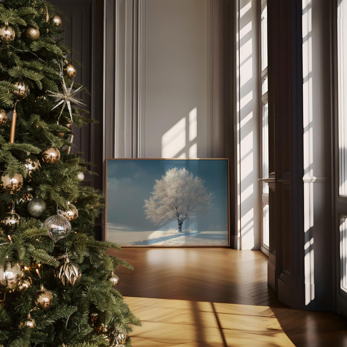 Snow Covered Lone Tree Winter Field Oil Painting Minimal Poster - Image 6