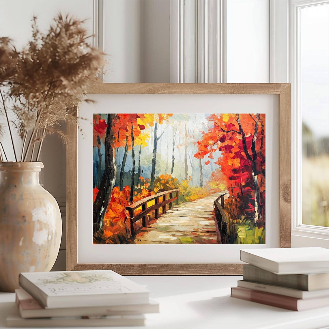 Wooden Footbridge In Misty Autumn Forest Fall Trail Scene Poster - Image 2
