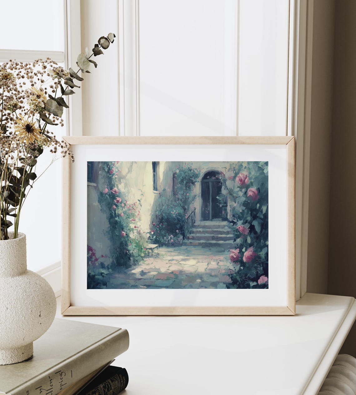 Sunlit Rose Covered Courtyard Villa Impressionist Floral Wall Art - Image 6
