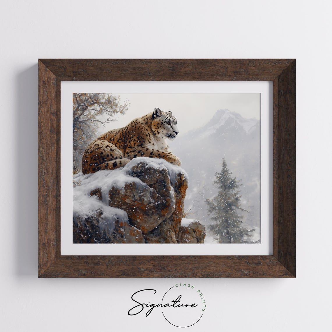 Snow Leopard Resting On A Snowy Cliff With Mountain View Art Poster - Image 5