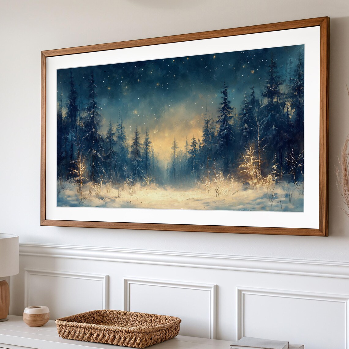 Starry Night In Snowy Pine Forest Clearing With Golden Glow Winter Art Poster - Image 2
