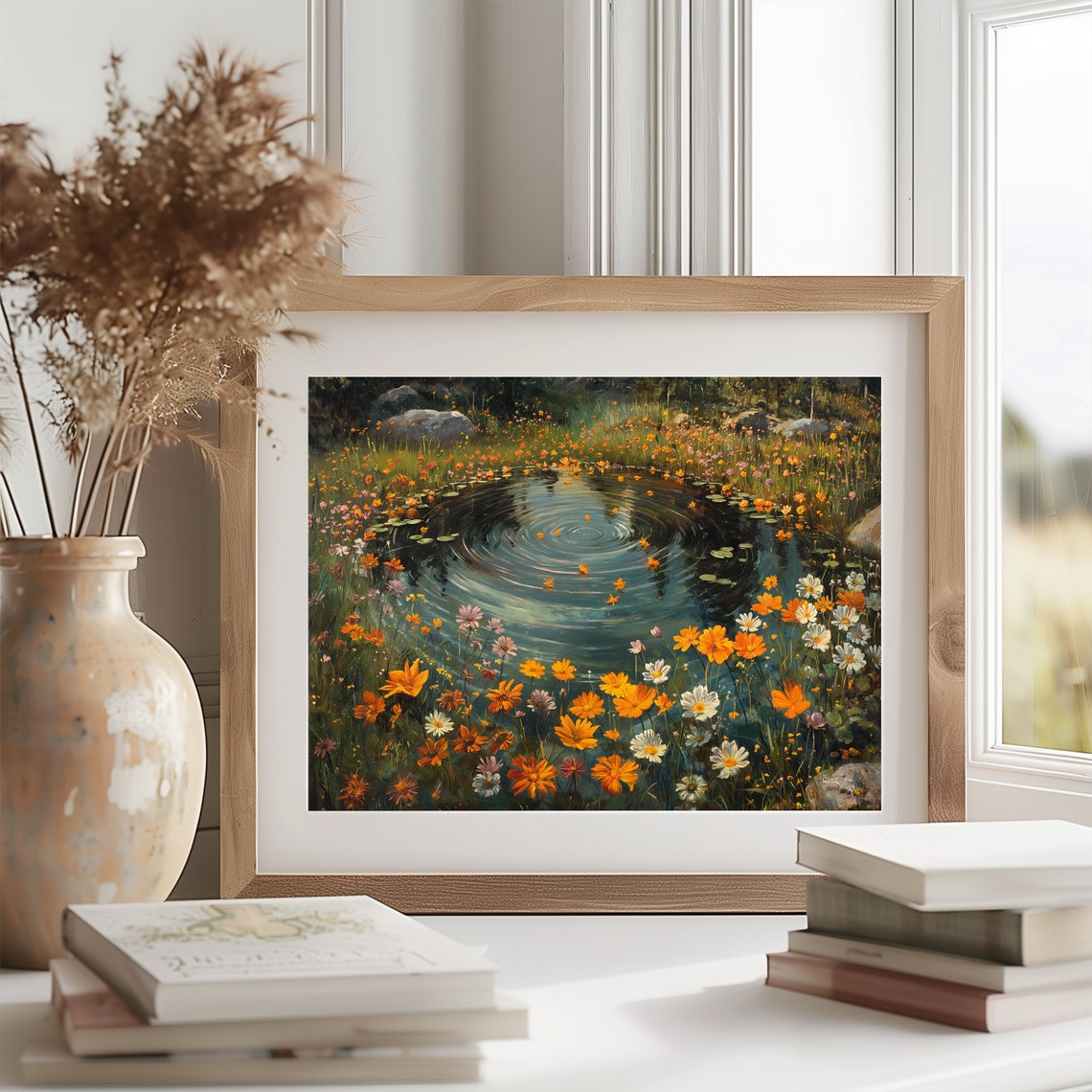 Swirling Pond Ringed By Wildflowers Impressionist Floral Poster - Image 2