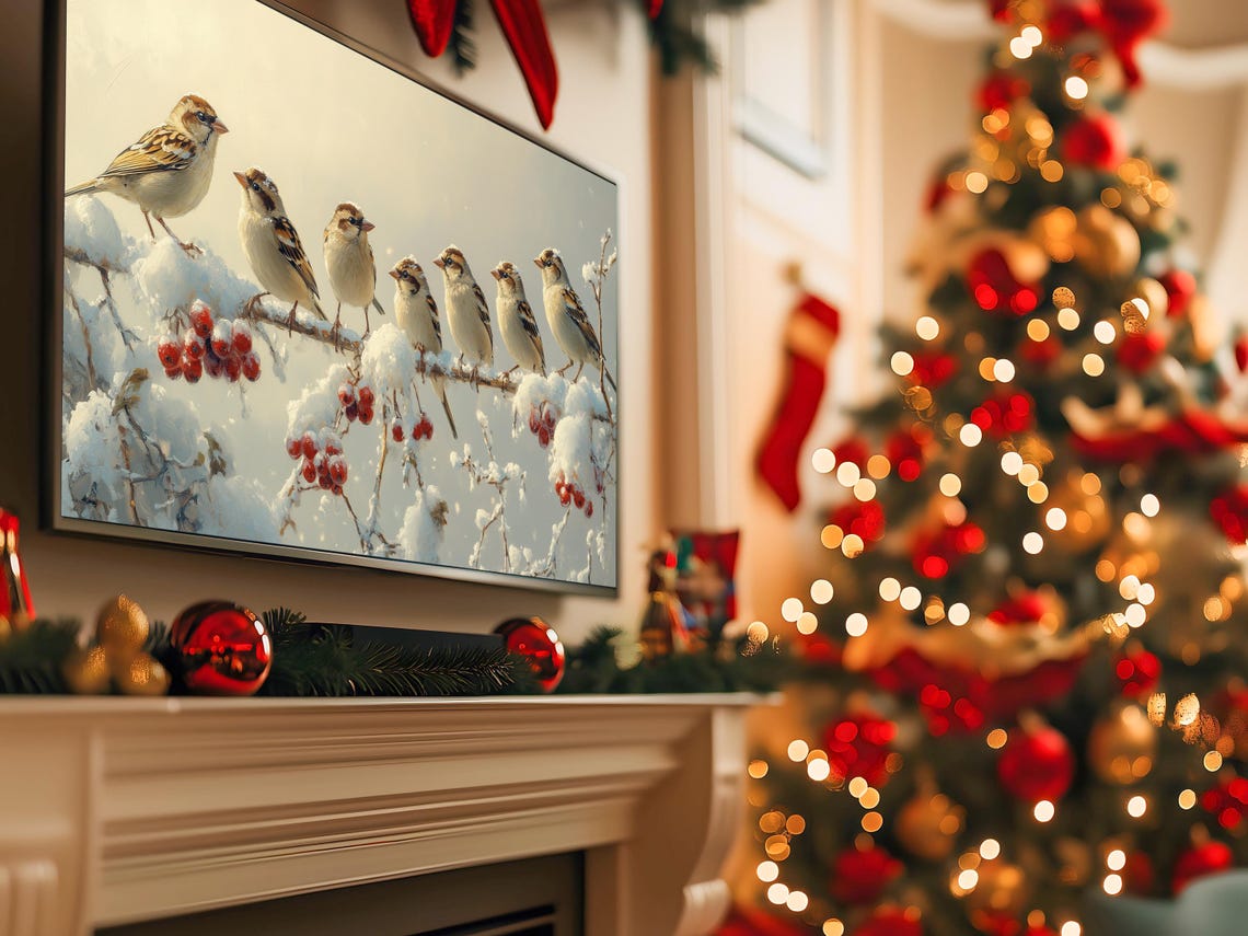 Joyful Seven Sparrows On Snowy Berry Branch Winter TV Art Poster - Image 5