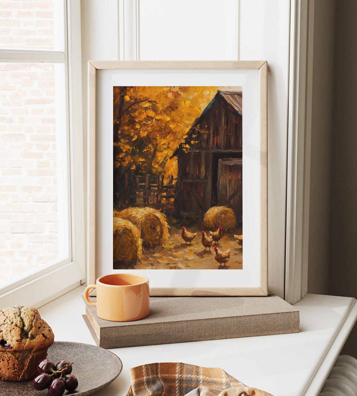Autumn Farmyard With Chickens Barn And Hay Bales Rustic Poster - Image 6