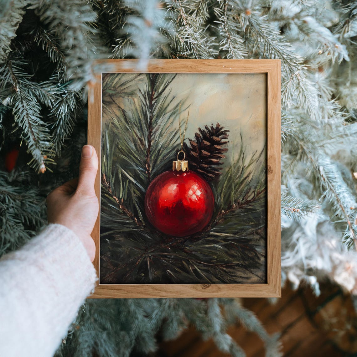 Red Christmas Ornament on Pine Branch Rustic Oil Painting Print - Image 6