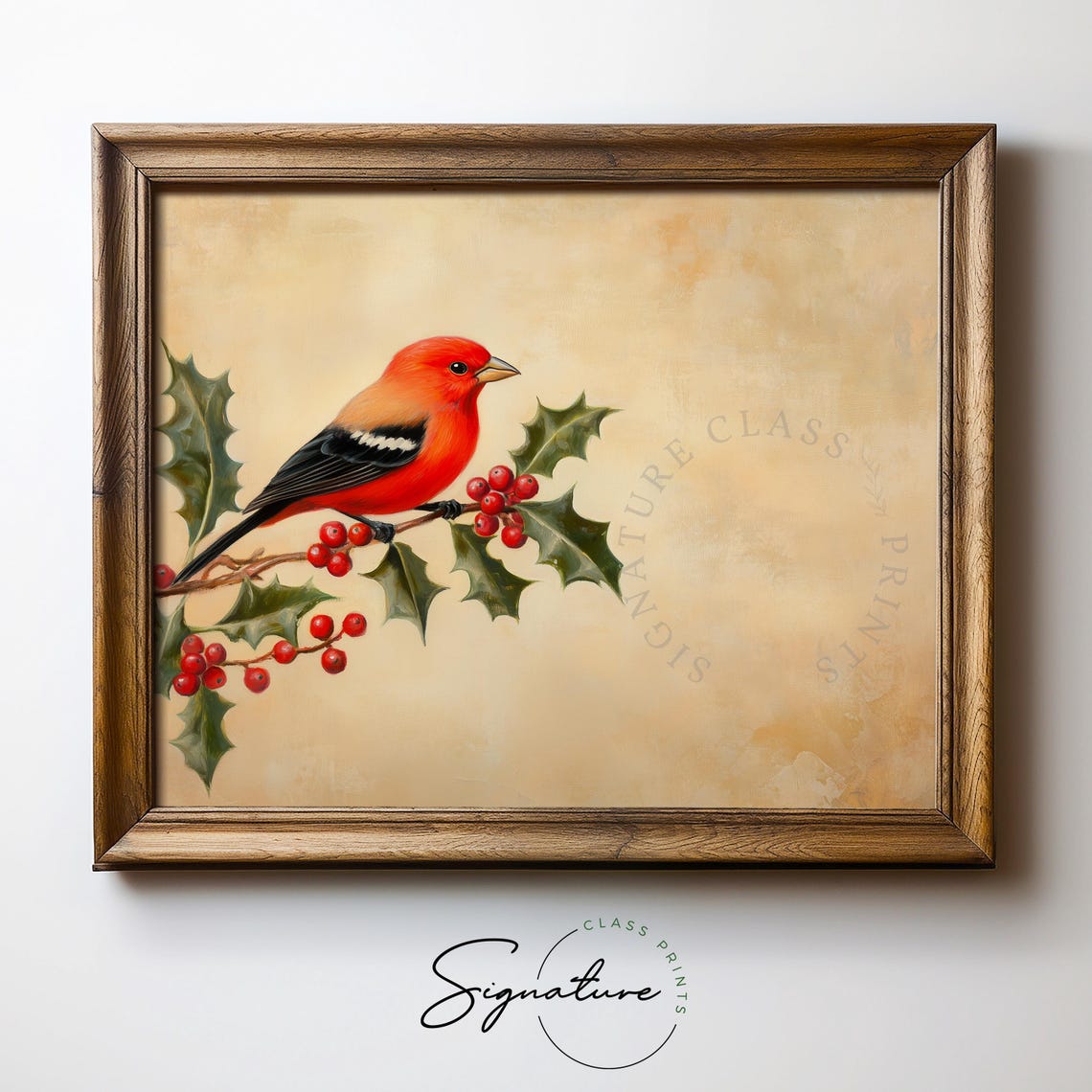 Scarlet Tanager on Holly Branch with Red Berries Bird Art Poster - Image 5