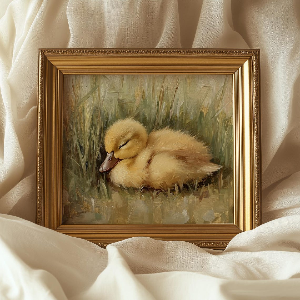 Sleeping Baby Duckling Curled in Grass Soft Spring Wildlife Art Poster - Image 5