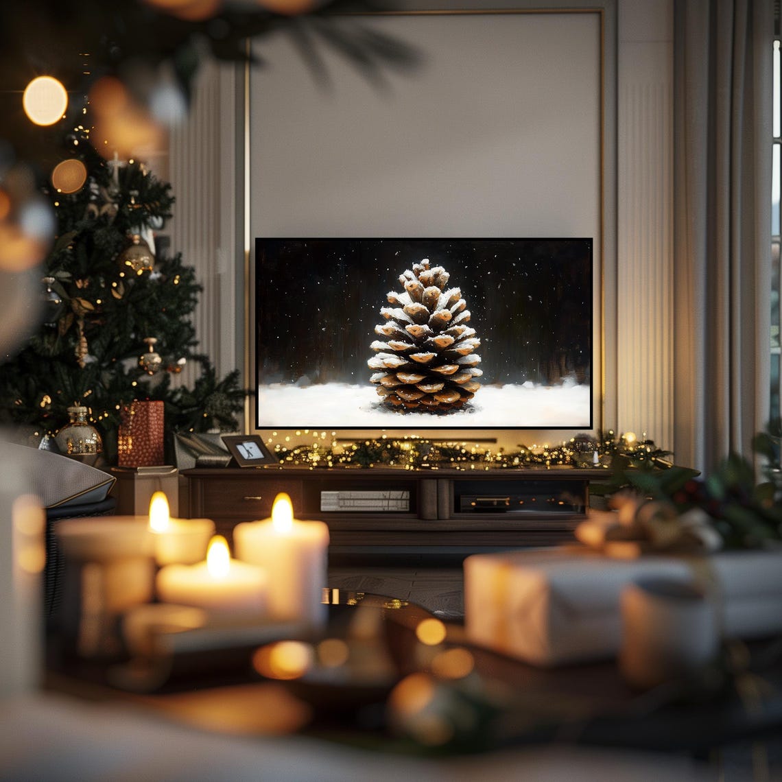 Snow Dusted Pinecone Resting In Fresh Snow Dark Winter Art Poster - Image 6