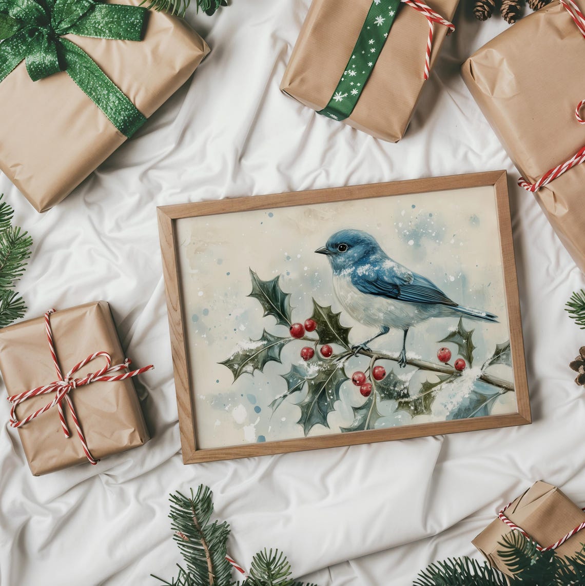 Bluebird On Holly Branch With Red Berries Winter Watercolor Poster - Image 2