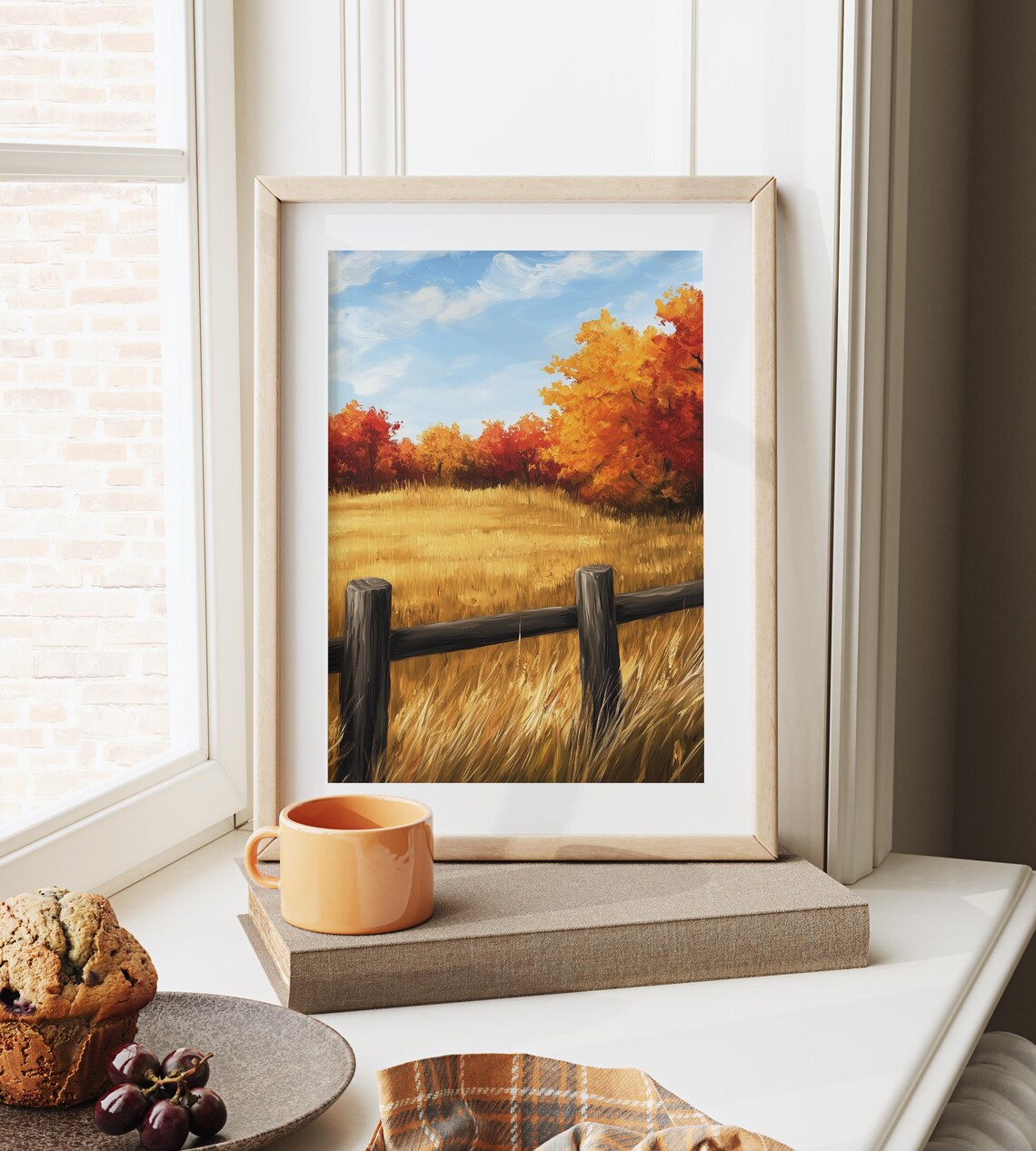 Weathered Fence Posts Overlooking Vast Golden Meadow in Autumn Wall Art - Image 6