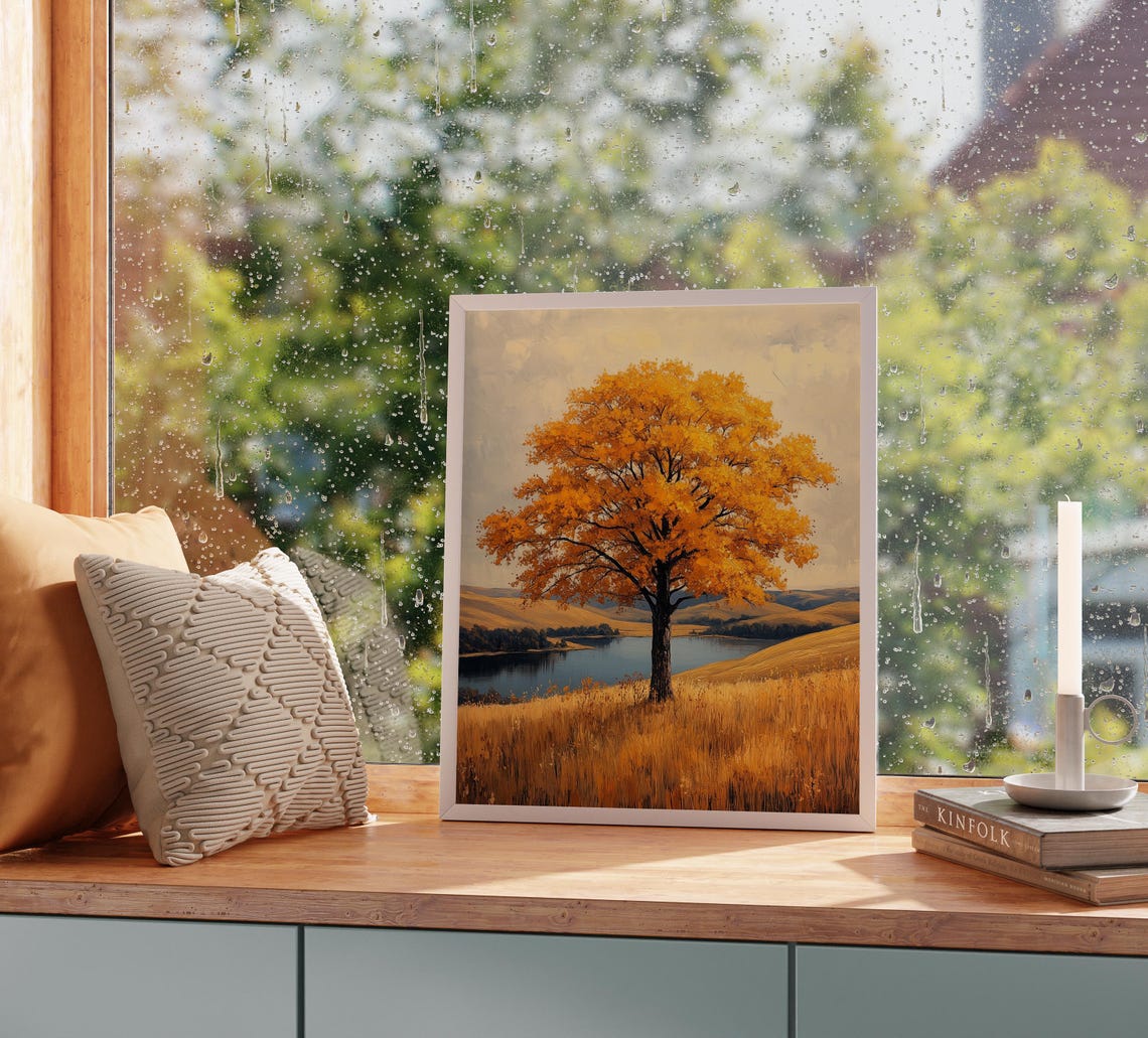 Lone Golden Tree Lakeside Meadow Sunset Landscape Painting Print - Image 2