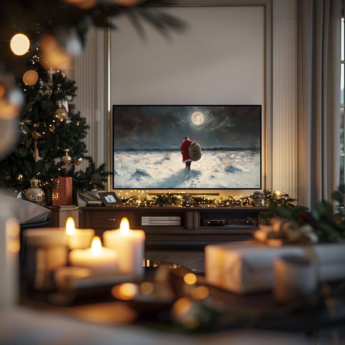 Santa Walking Under Full Moon Moonlit Snowy Field Gift Sack Poster - Image 6