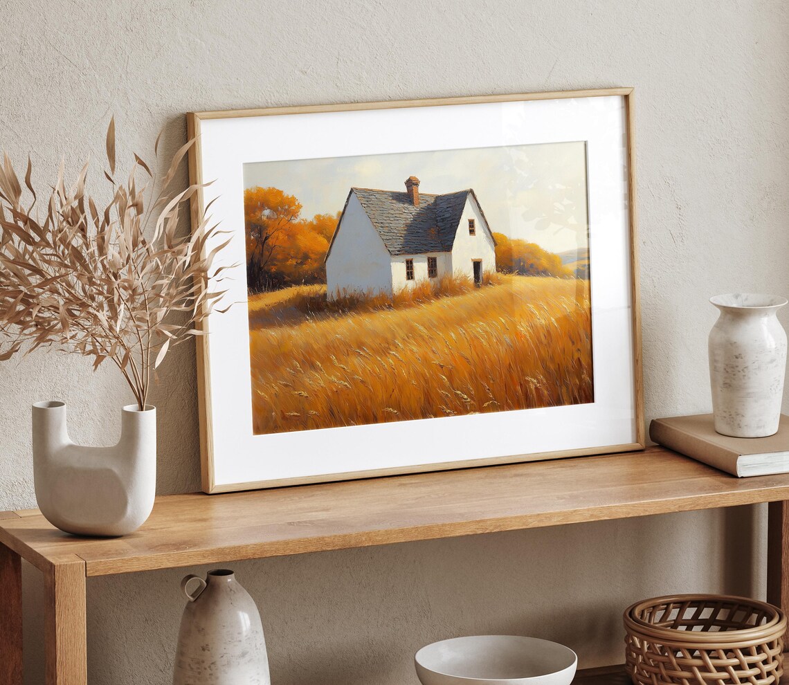 White Barn Golden Wheat Field Autumn Farm Rustic Fall Landscape Wall Art - Image 4