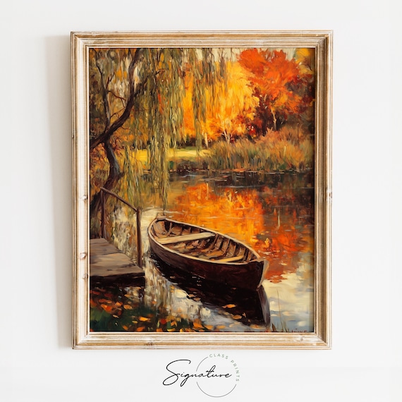 Old Wooden Rowboat Tied at a Dock Beneath a Weeping Willow Poster