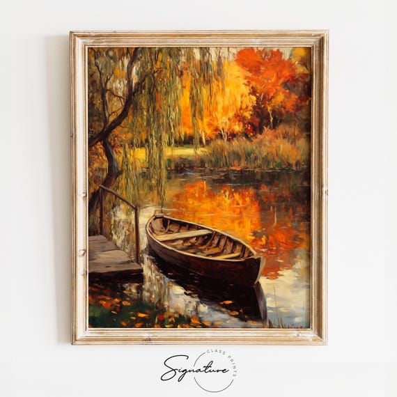 Rustic Autumn Boat On Tranquil Lake Fall Reflections Moody Nature Landscape Cottagecore Earthy Wall Art Decor For Home 1537