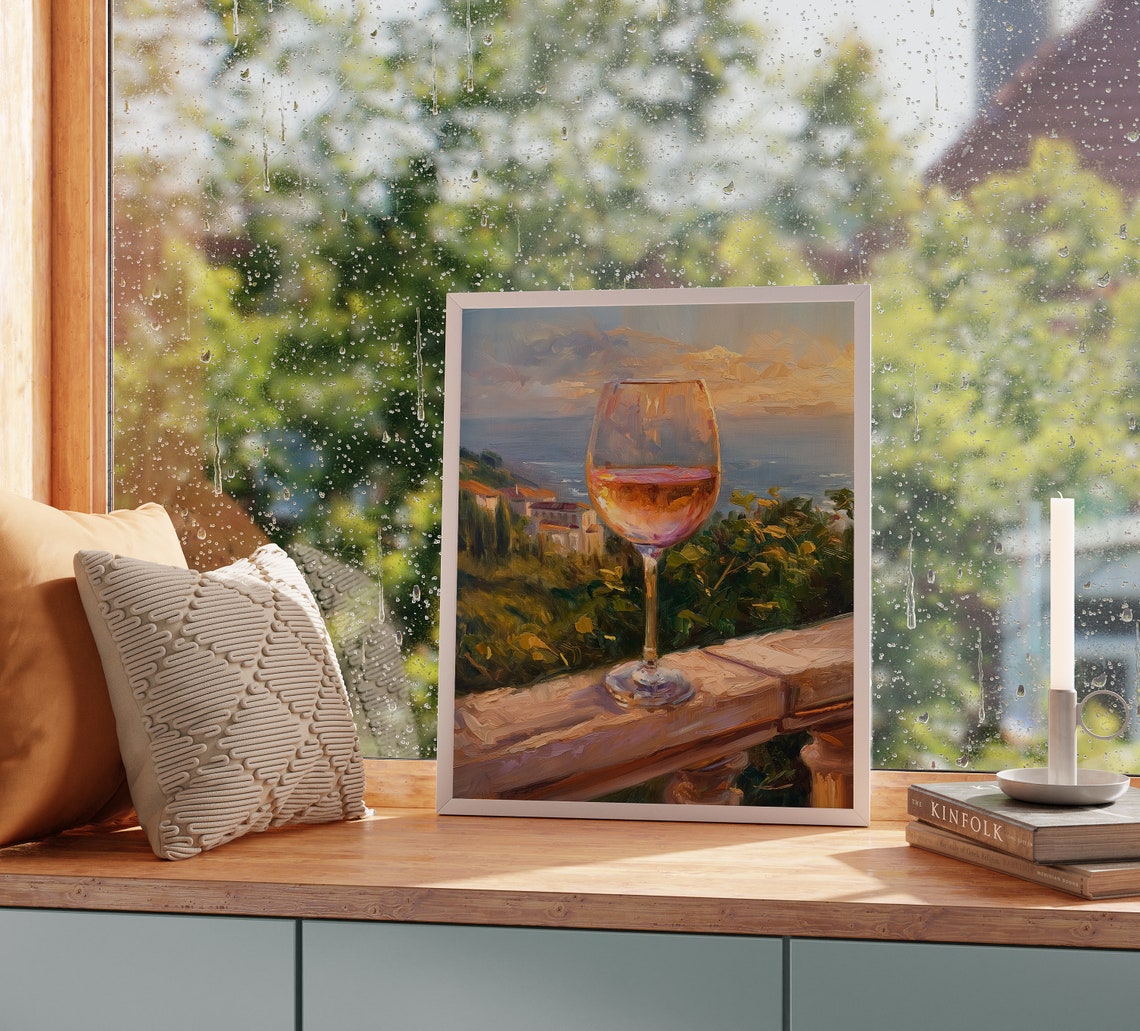 Glass of Rose Wine on Balcony Overlooking Coastal Town Poster - Image 2