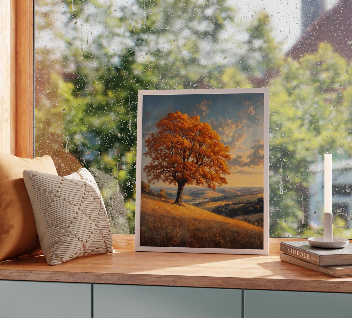 Lone Autumn Tree Sunset Hilltop Golden Farmland Valley View Poster - Image 2