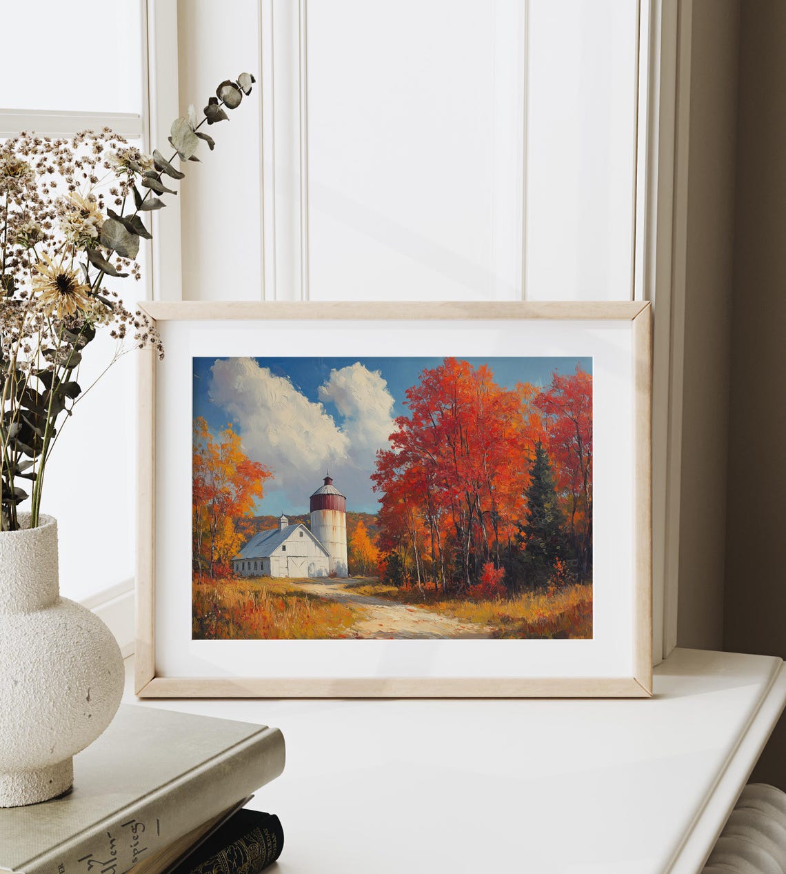 White Barn And Silo Among Blazing Red Trees Under Blue Sky Poster - Image 6