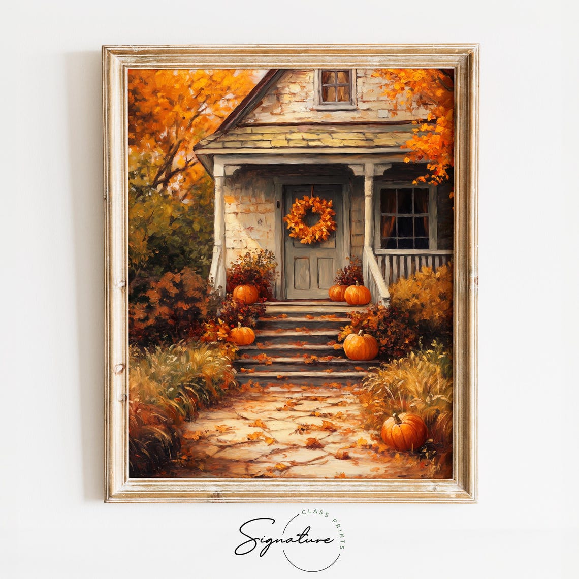 Country Cottage Porch With Pumpkins And Wreath Autumn Scene Poster
