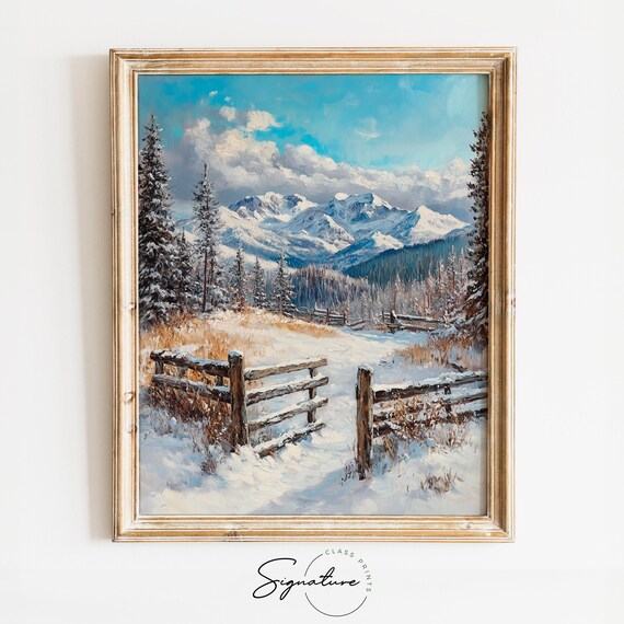 Snowy Alpine Mountain Gate Fence Oil Painting Style Winter Poster