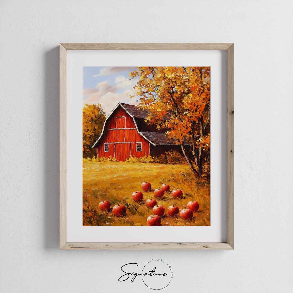 Red Barn with Fallen Apples in Bright Autumn Orchard Scene Poster - Image 3