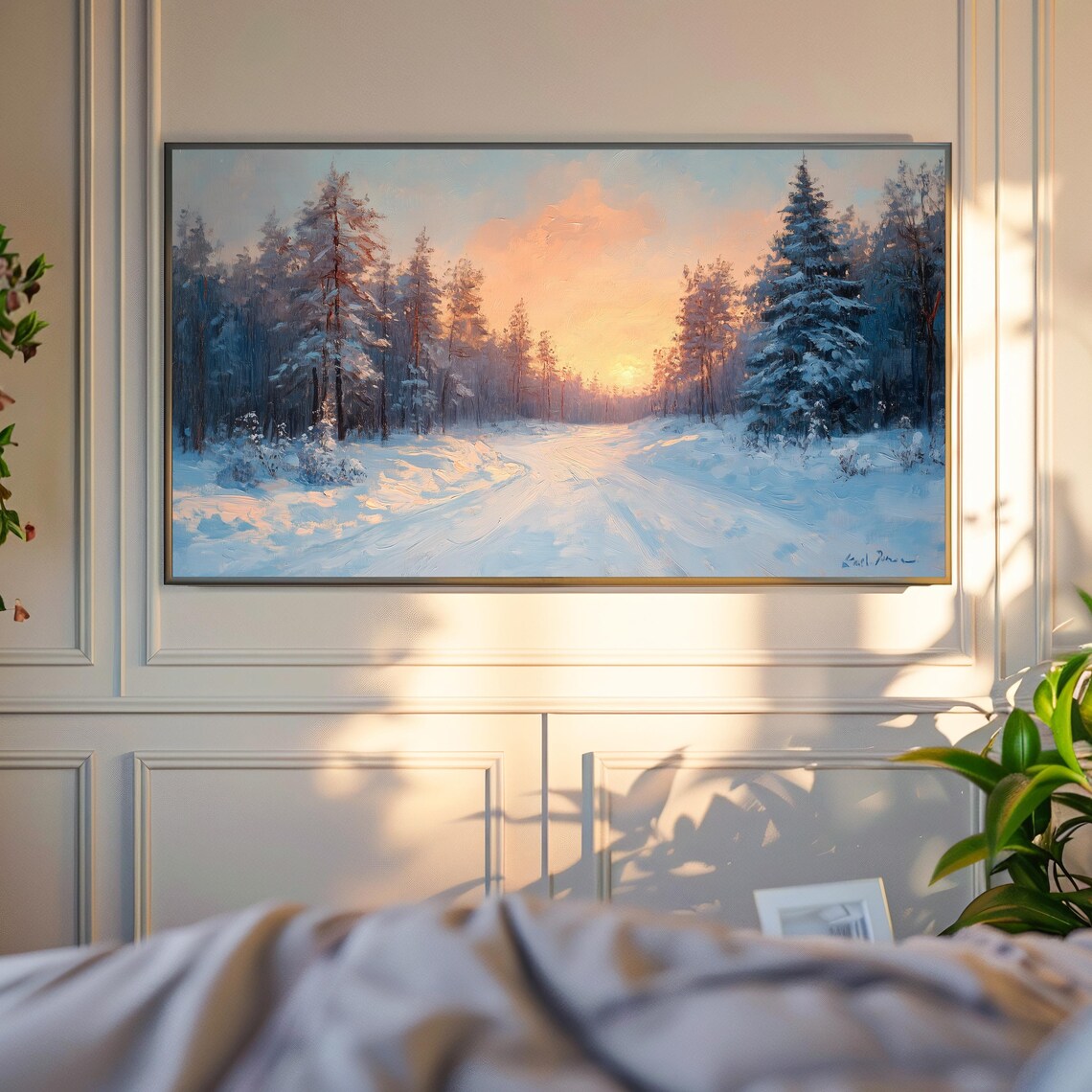Snowy Forest Sunrise Winter Road Pine Trees Morning Glow Landscape Poster - Image 4