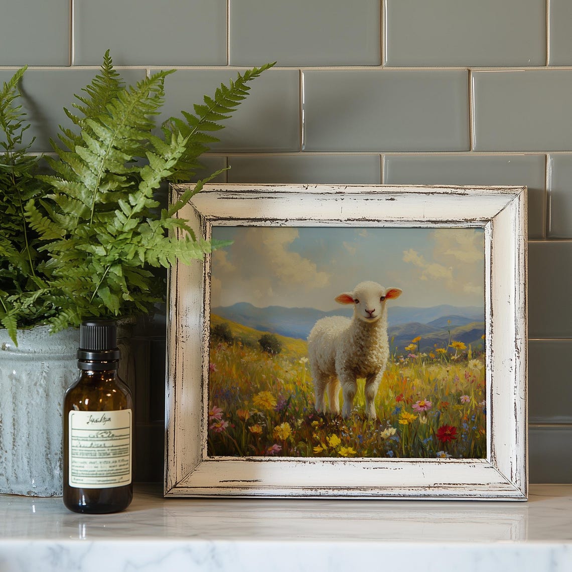 White Lamb Standing in Wildflower Field Mountain View Spring Poster - Image 4