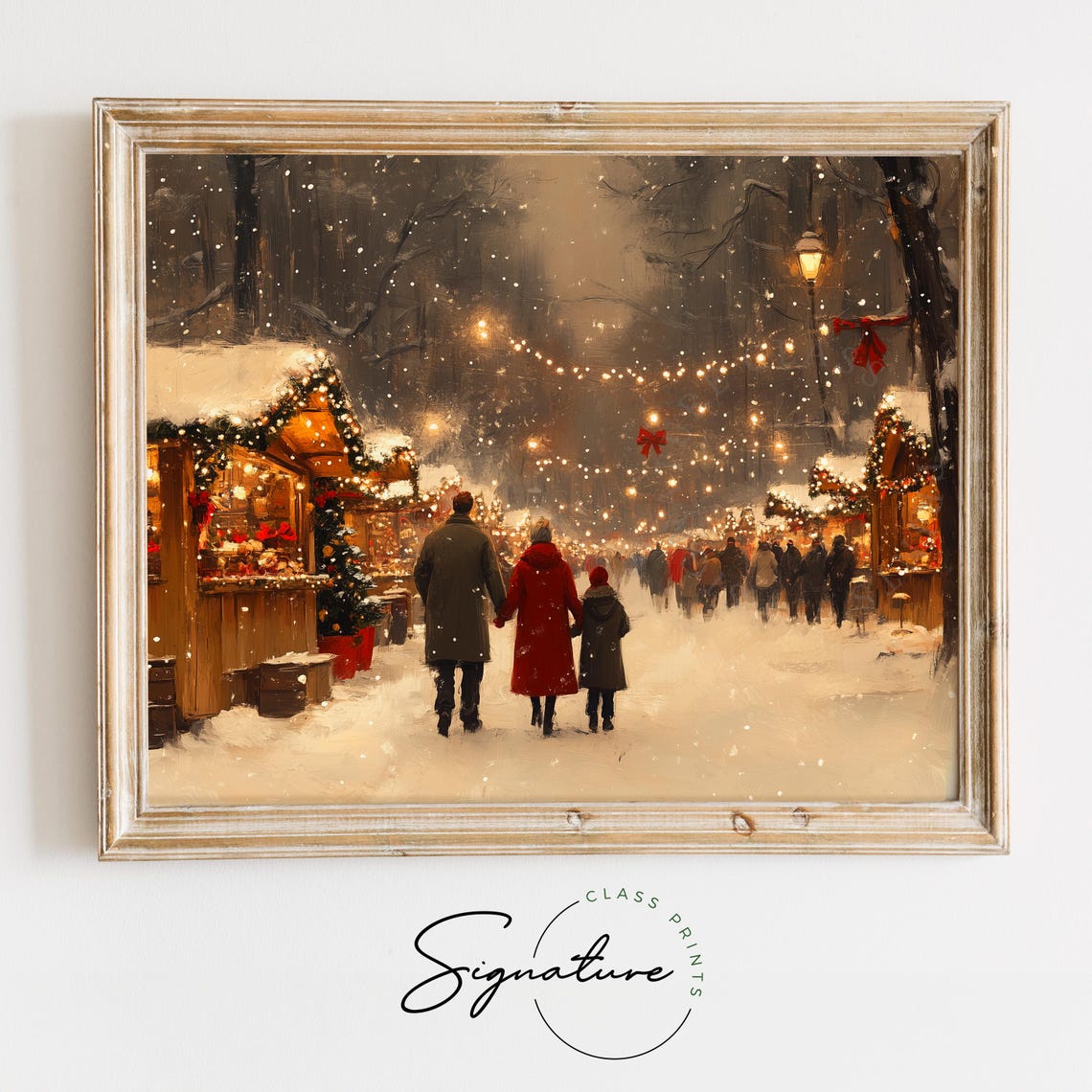 Christmas Market At Night With String Lights And Snow Winter Poster