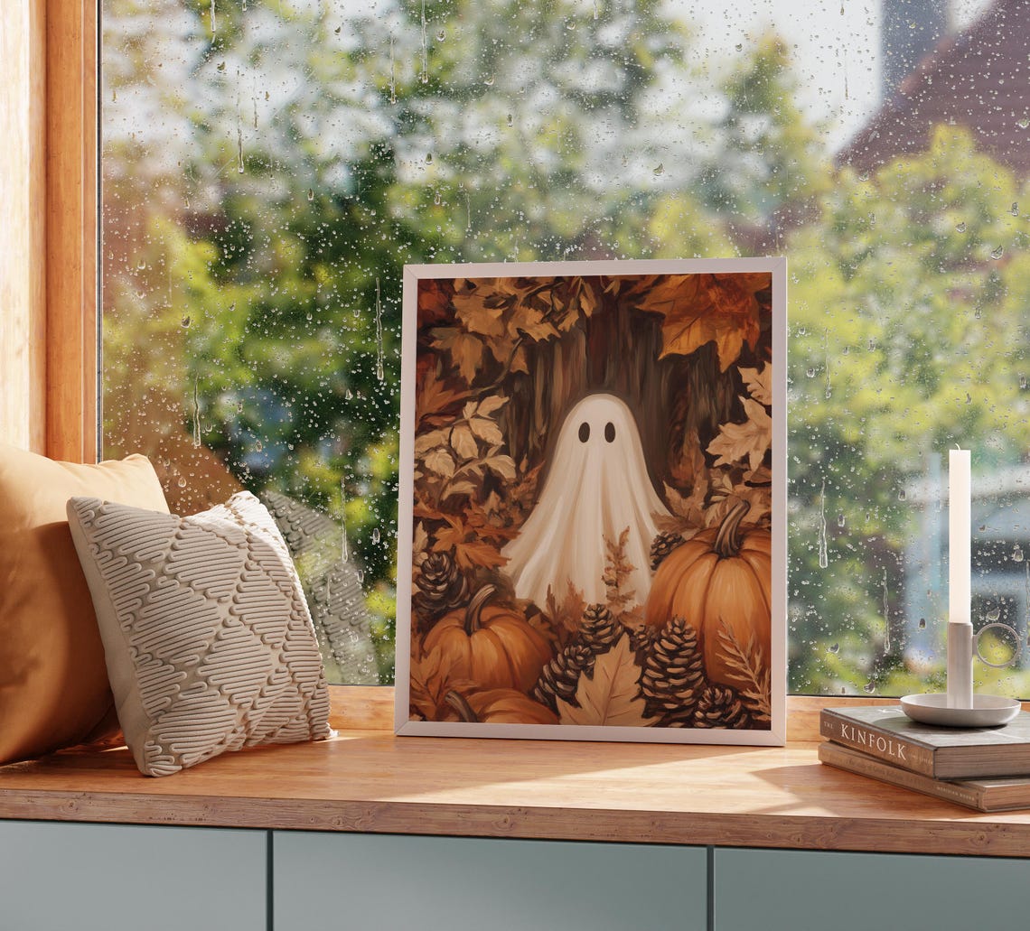 Cute Ghost Among Pumpkins And Fall Leaves Rustic Autumn Wall Art Earthy Halloween Decor Cottagecore Fall Print 1594 - Image 2