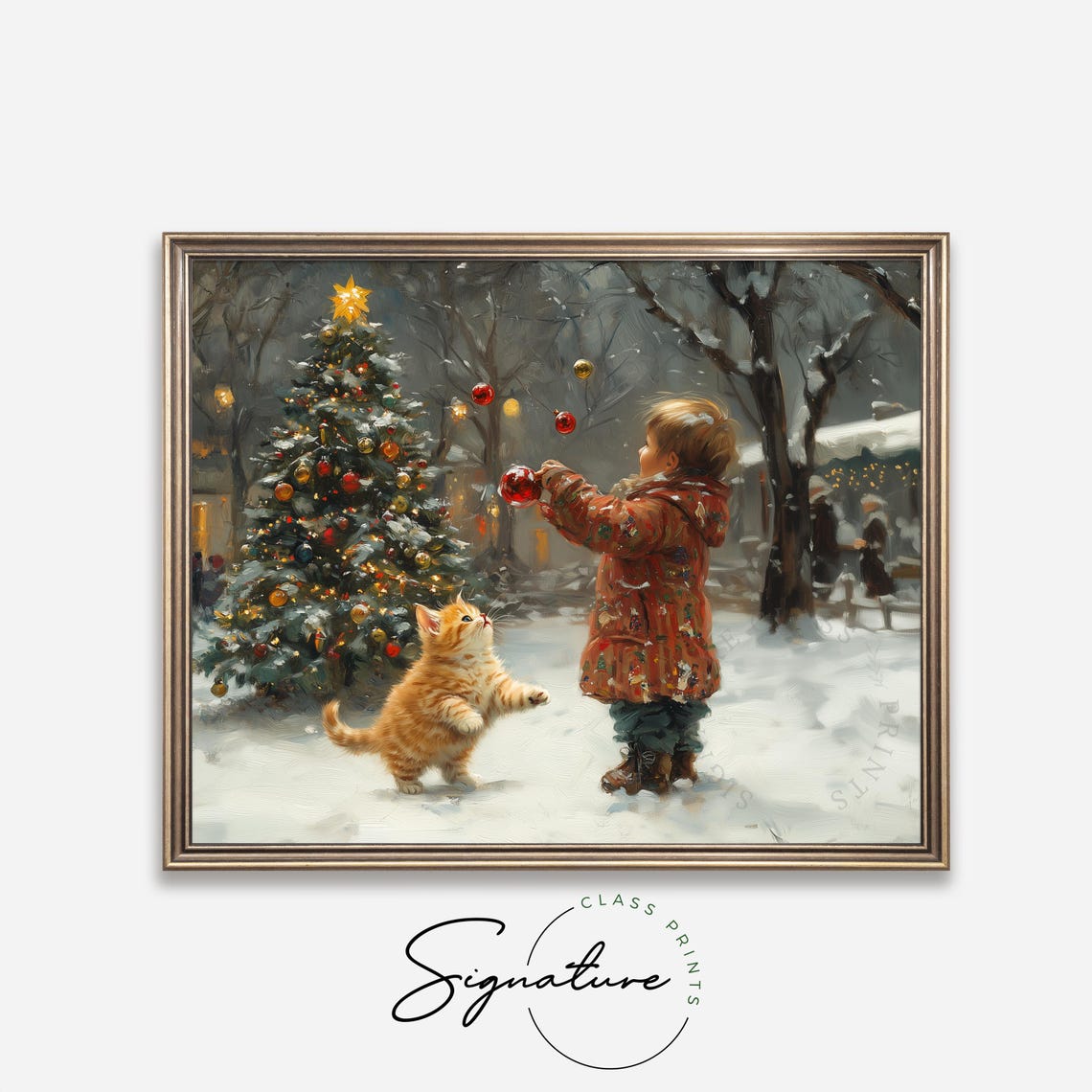 Child and Kitten Playing With Christmas Ornaments Snowy Night Poster - Image 4