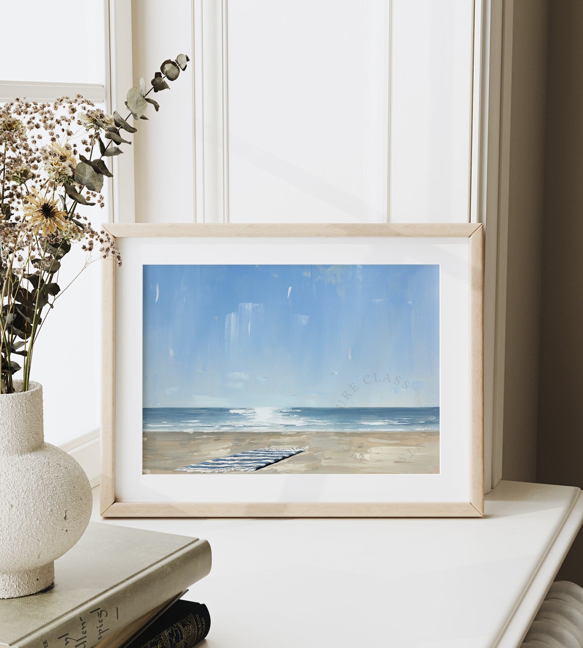 Empty Beach With Striped Towel Ocean Waves Minimalist Poster - Image 6