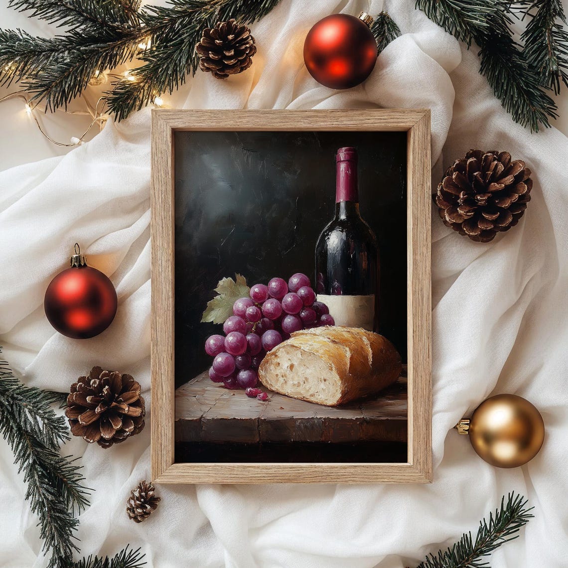 Wine Bottle Grapes Bread Still Life Oil Painting Kitchen Wall Poster - Image 3