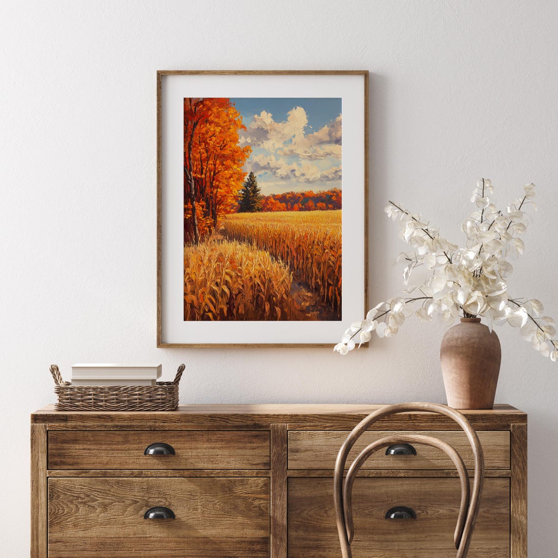 Golden Cornfield Path Bordered By Blazing Red Autumn Trees Poster - Image 5