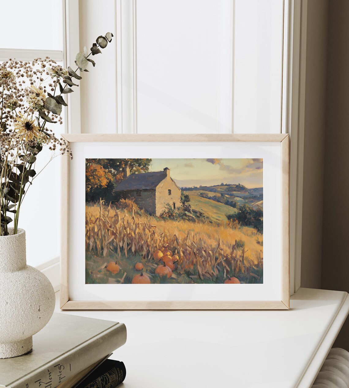 Stone Cottage With Pumpkins Resting in a Golden Cornfield Sunset Poster - Image 6