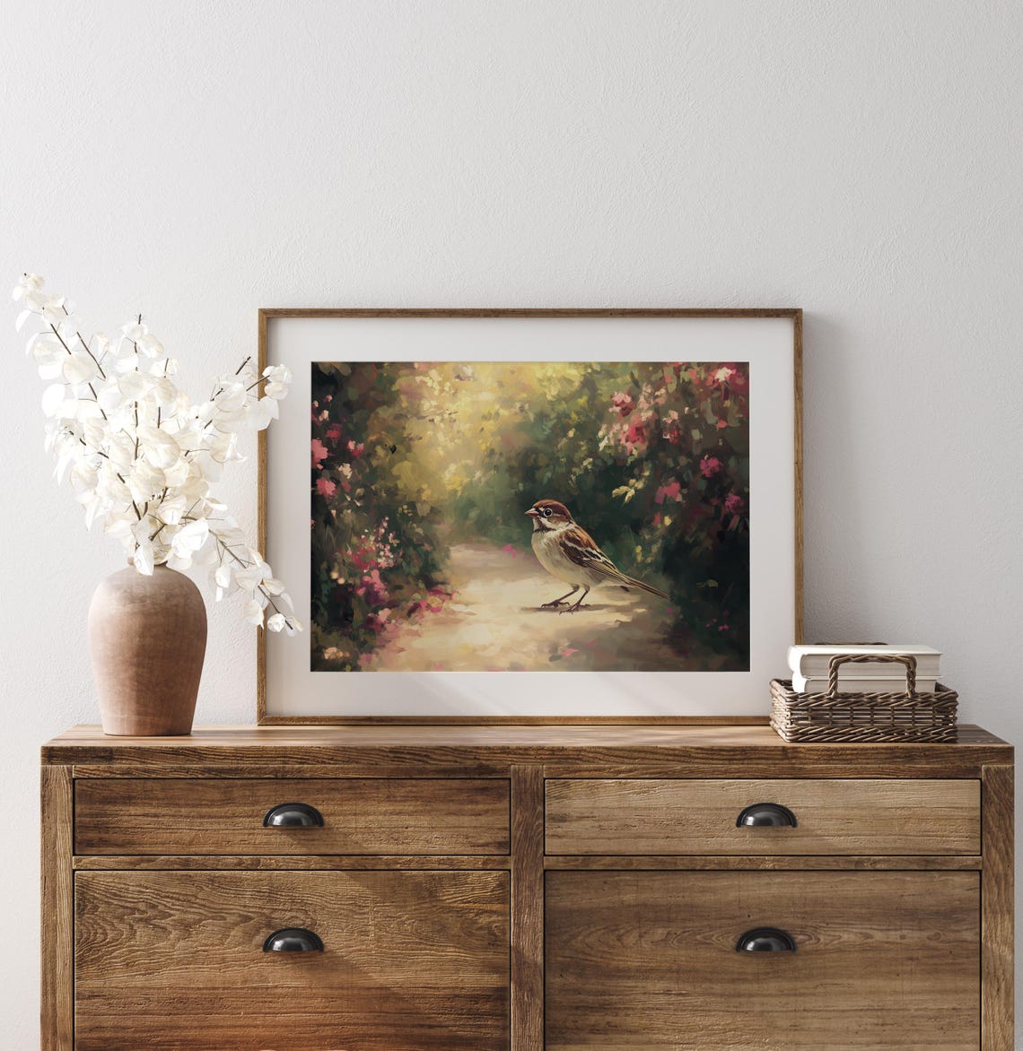 Sparrow On Sunlit Garden Path Among Pink Spring Blossoms Poster - Image 2
