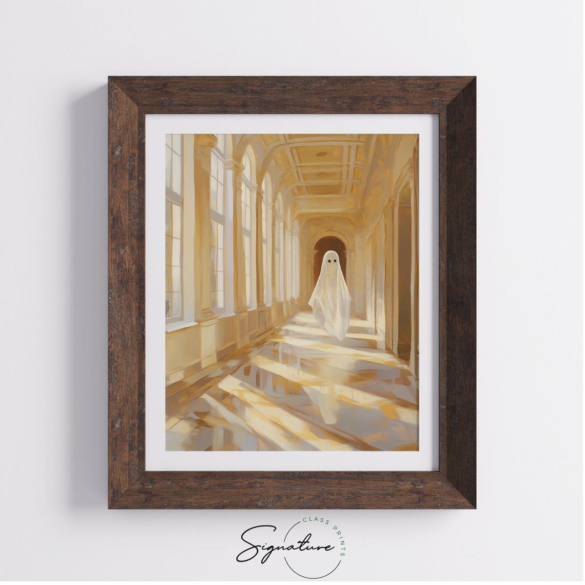 Lone Ghost in a Golden Arched Hallway with Sunlit Marble Floors Poster - Image 4