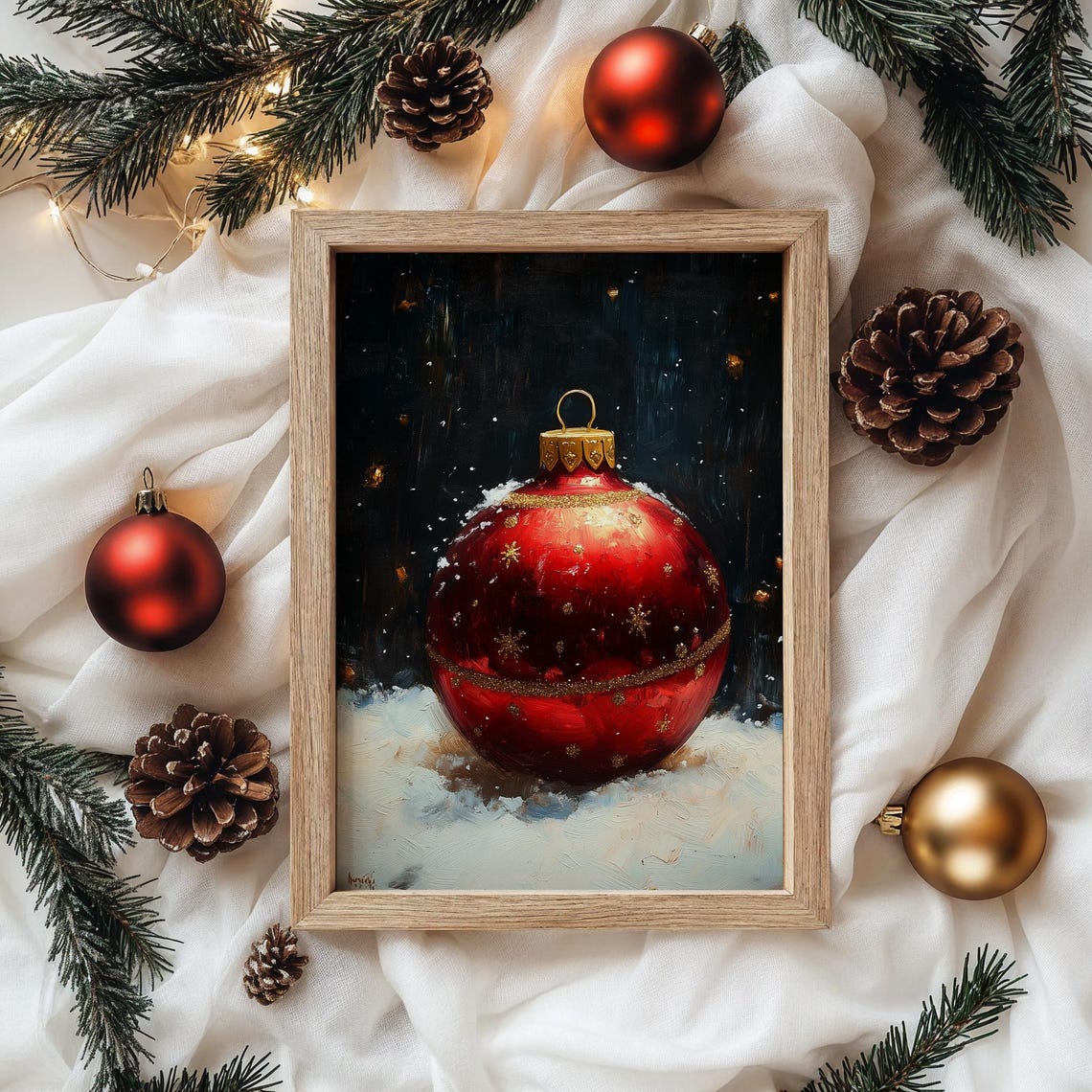 Red Christmas Ornament On Snow Classic Oil Painting Holiday Poster - Image 2