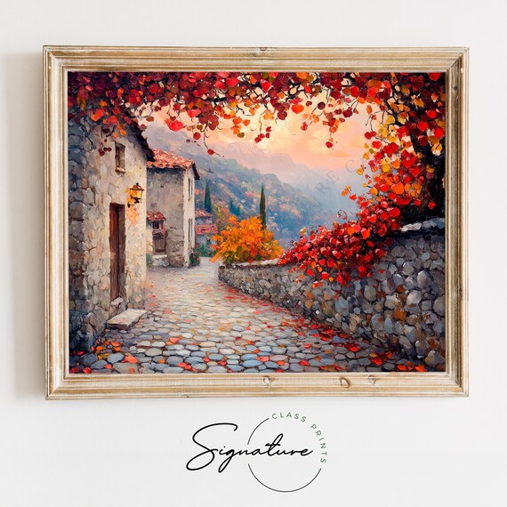 Cobblestone Village Lane Autumn Vines Stone Wall Rustic Fall Wall Art