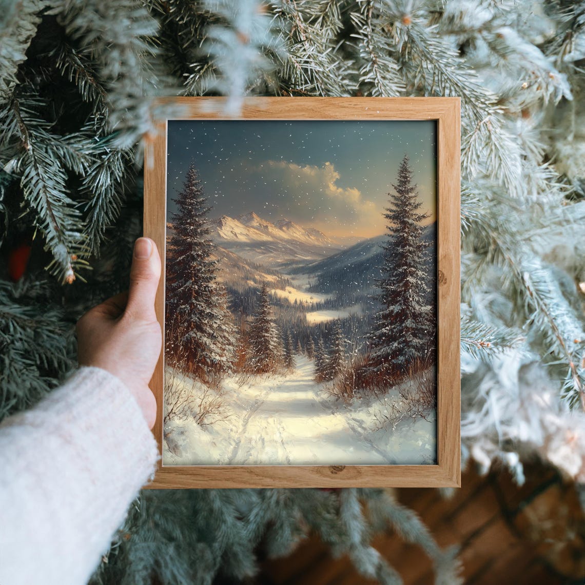 Snow Covered Mountain Valley Framed By Tall Pine Trees Poster - Image 6