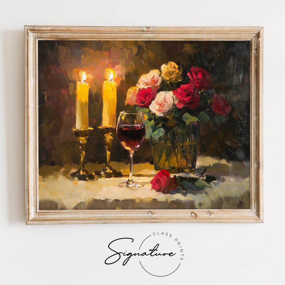 Candlelit Still Life Wine Glass Roses Warm Golden Oil Painting Poster