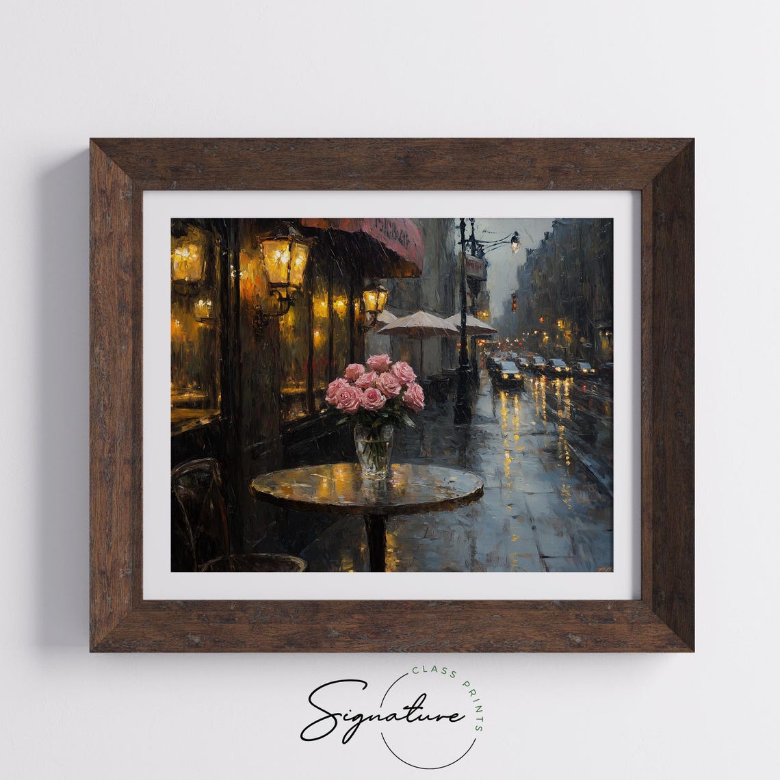 Rainy Night City Cafe Glowing Lanterns Wet Street Roses Oil Painting - Image 3