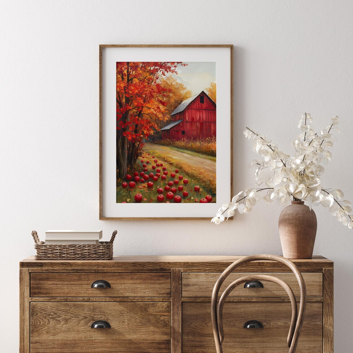 Red Barn With Fallen Apples Scattered Beneath Blazing Autumn Trees Wall Art - Image 5
