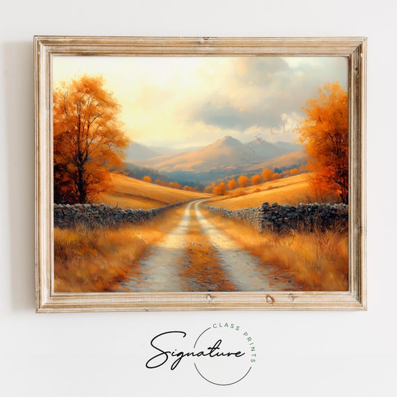 Country Lane In Autumn Toward Hills Rustic Fall Pathway Moody Countryside Scene Golden Fields Earthy Wall Art 1923