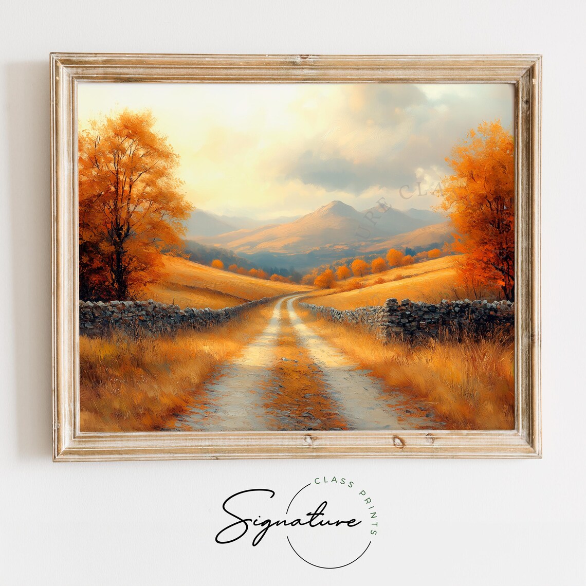 Autumn Country Road With Stone Walls Leading to Golden Mountains Wall Art