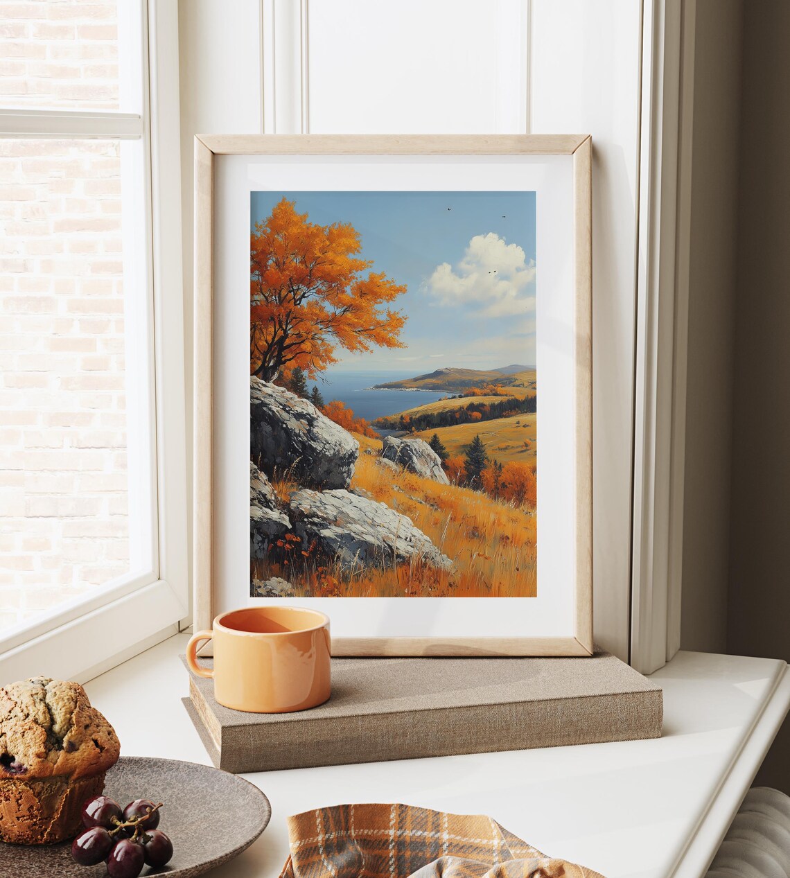 Orange Autumn Tree on Rocky Cliffs Overlooking Blue Lake and Hills Wall Art - Image 6