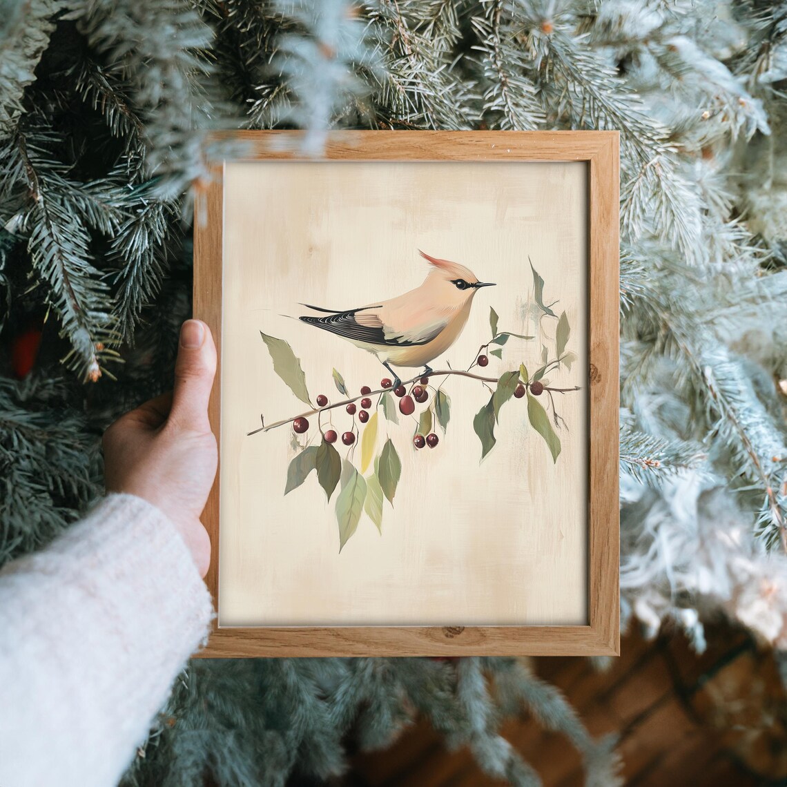 Waxwing Bird Berry Branch Cream Vintage Minimalist Bird Painting Poster - Image 6